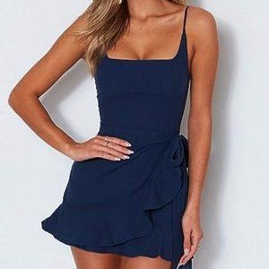 Relipop - Spaghitti Strap Waist Tie Knot Wrap Front Ruffle Hem Short Dress - Med